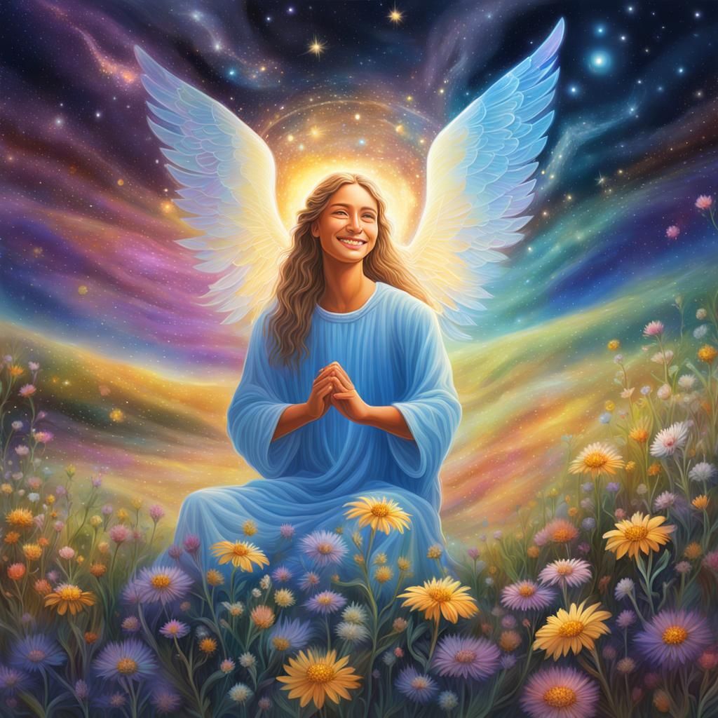 Angelic Being in Wildflower Field: Cosmic Illustration