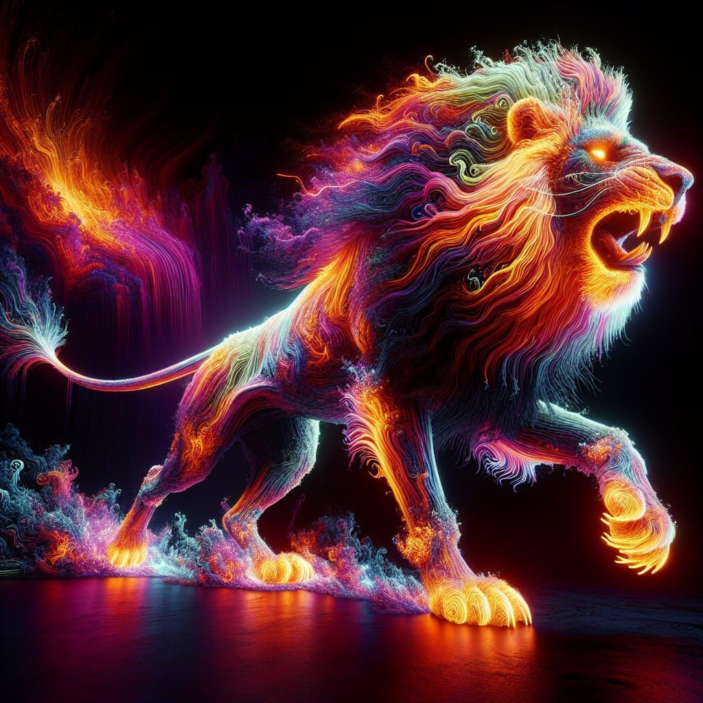 Fluorescent Lion in Powerful Stride