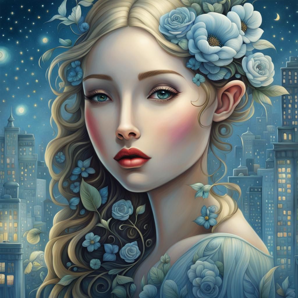 Rooftop Garden in Manhattan at Night, Digital Art