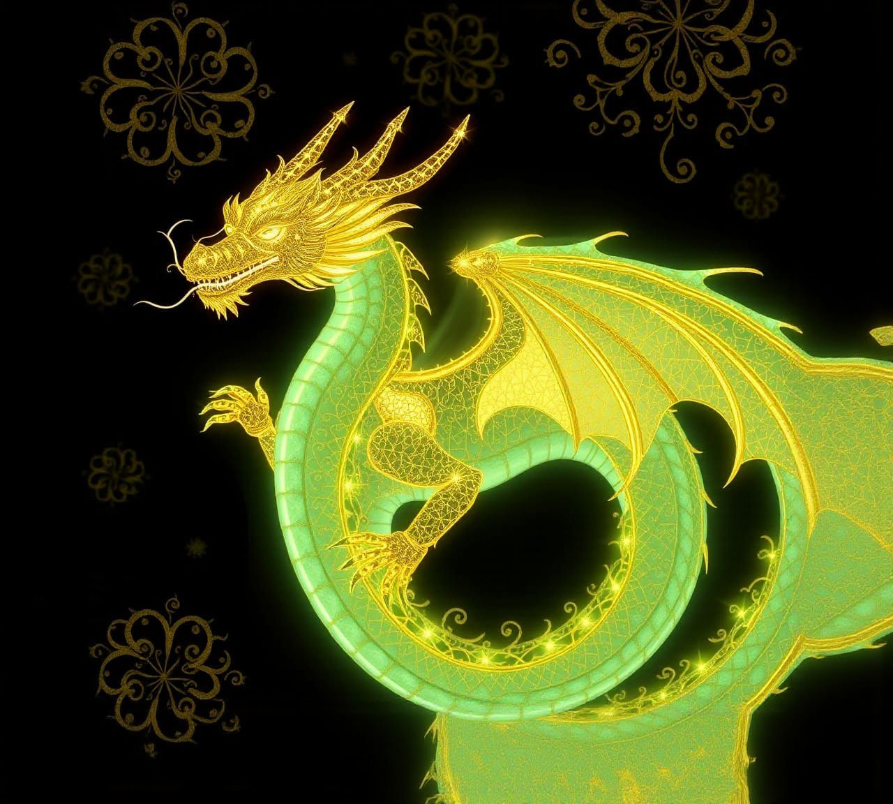 Bioluminescent Dragon with Golden Filigree Designs