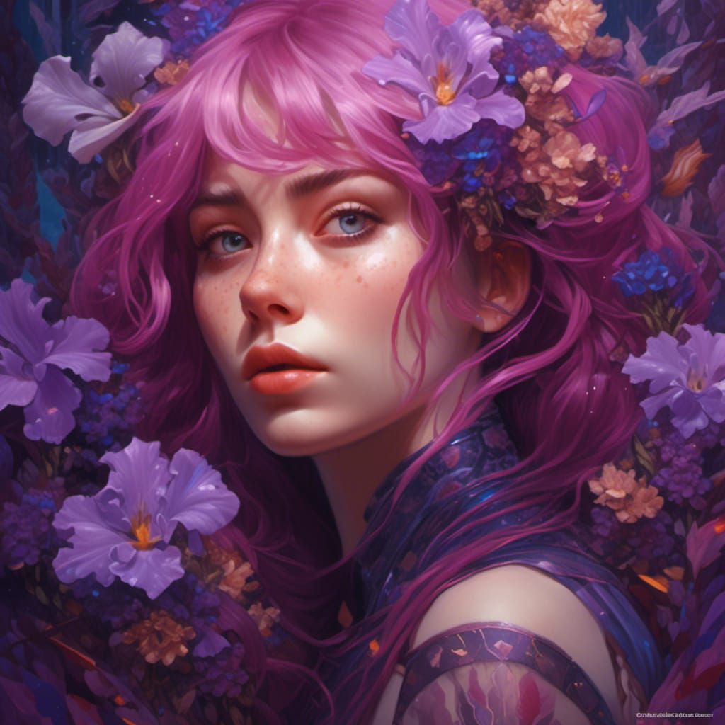 Magenta Haired Woman Portrait with Floral Stonework