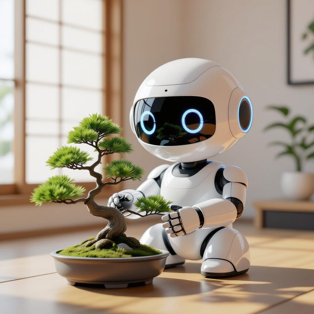 Cute Robot Tending Bonsai in Minimalist Apartment