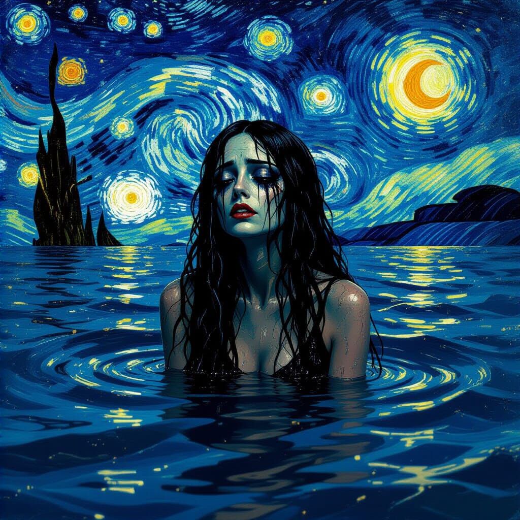 Macabre Sea Woman Reaching Shore in Starry Night Style