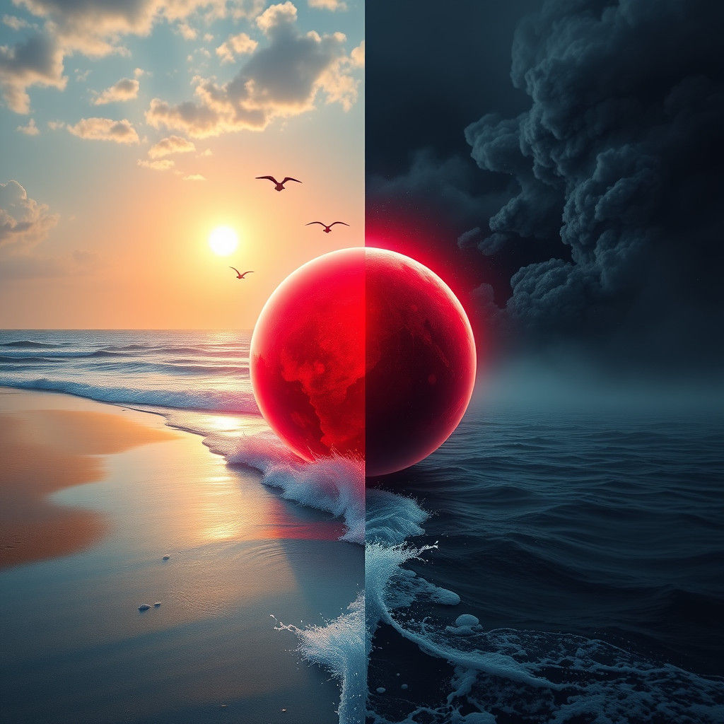 Contrasting Beaches Separated by a Glowing Orb