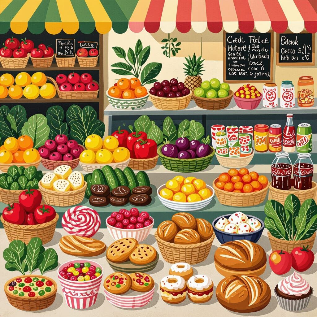 Vibrant Market Scene Contrasting Healthy & Sugary Foods