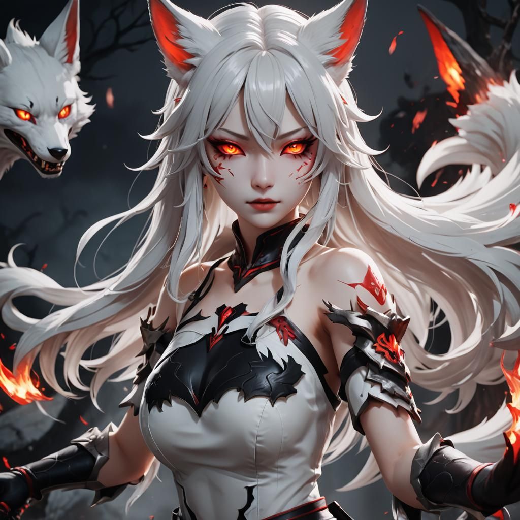 Demonic Anime Kitsune Girl in Dark Fantasy Style