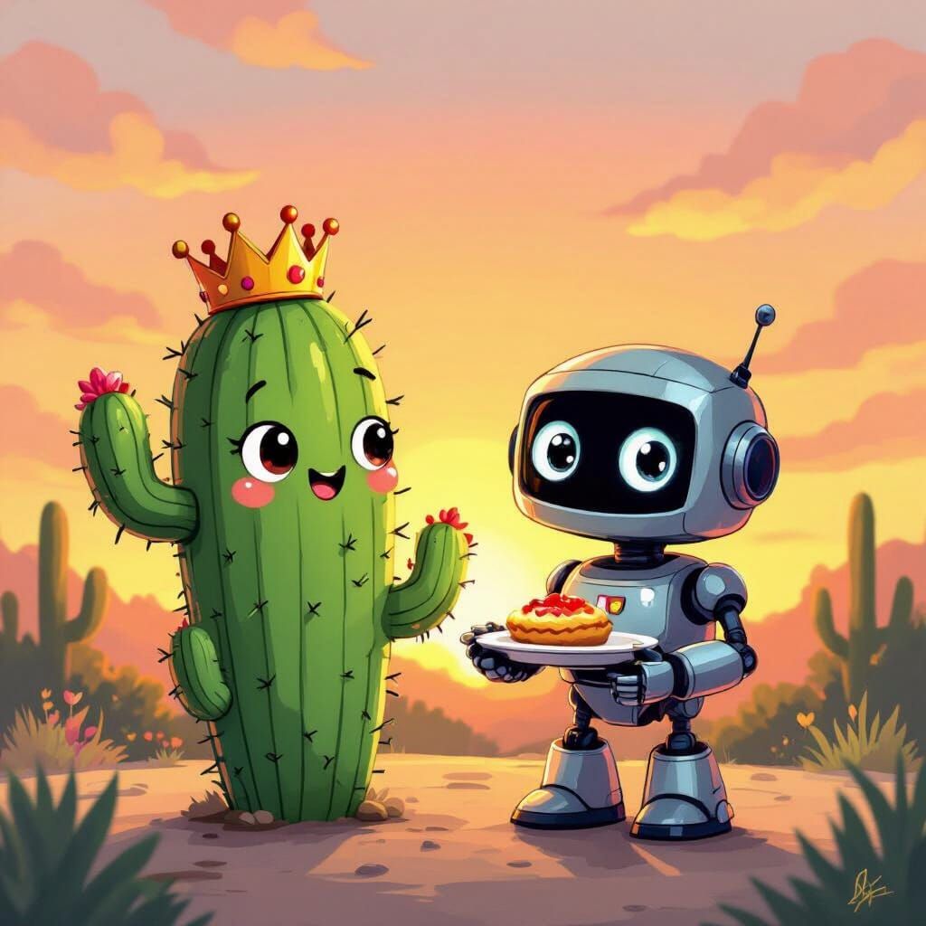 Whimsical Cactus and Robot at Sunrise