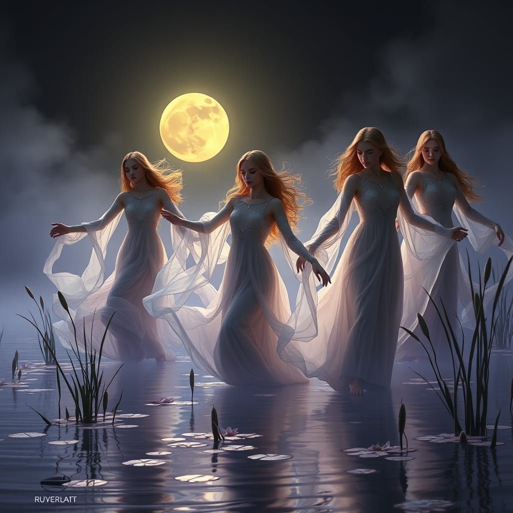 Ethereal Rusalki Dance Under Moonlit Lake