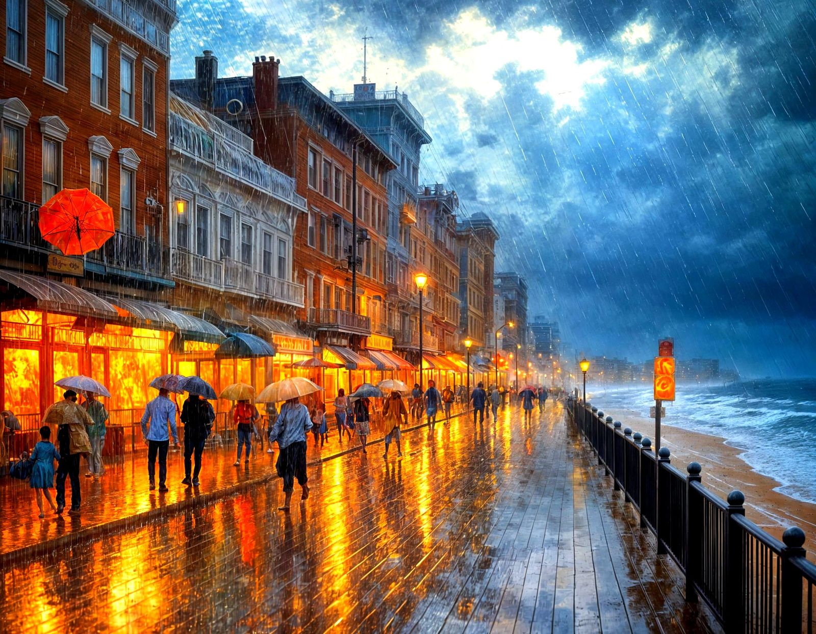 Rainy Boardwalk Scene in Vibrant Painterly Style