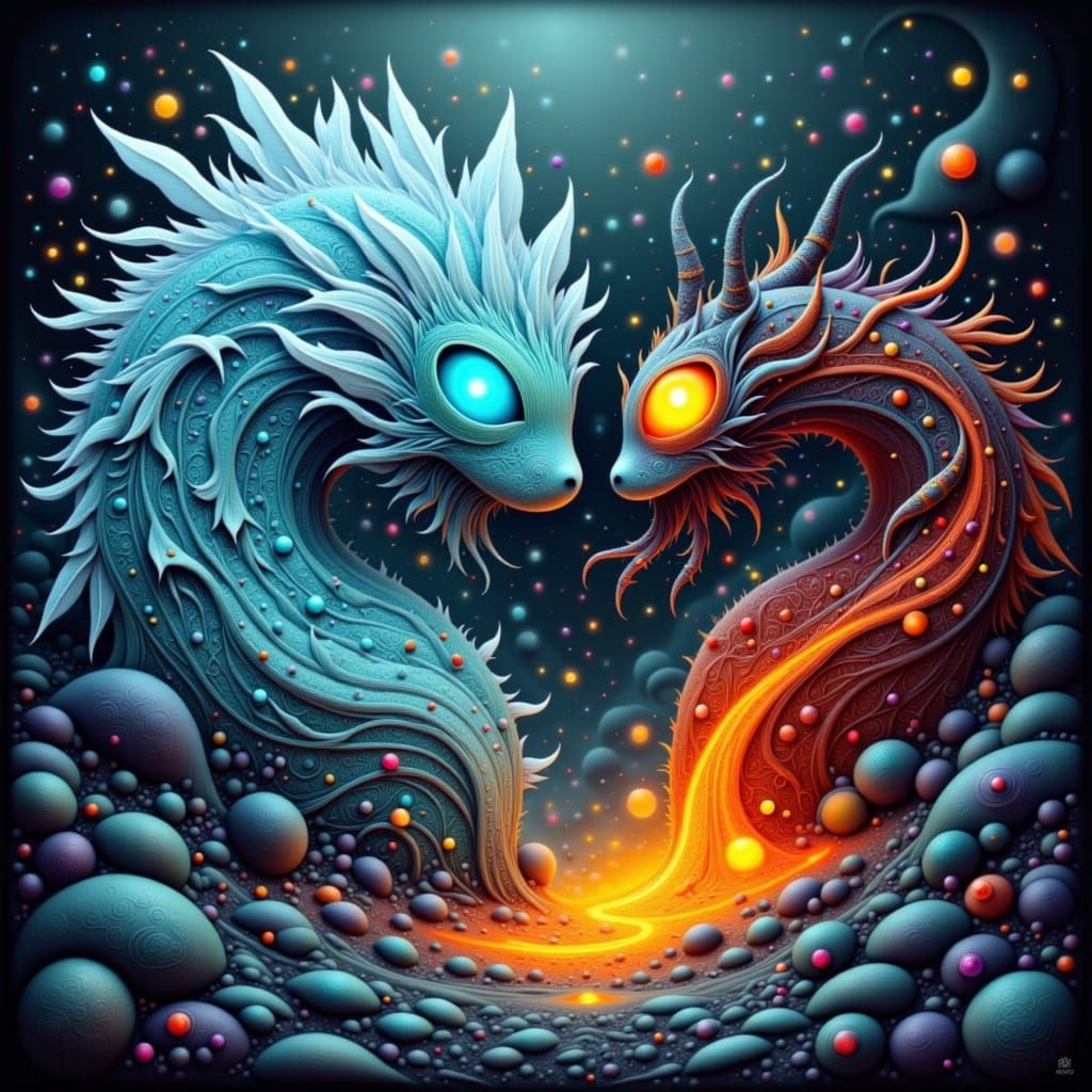 Ethereal Ice and Fiery Lava Creatures in Yin Yang Balance