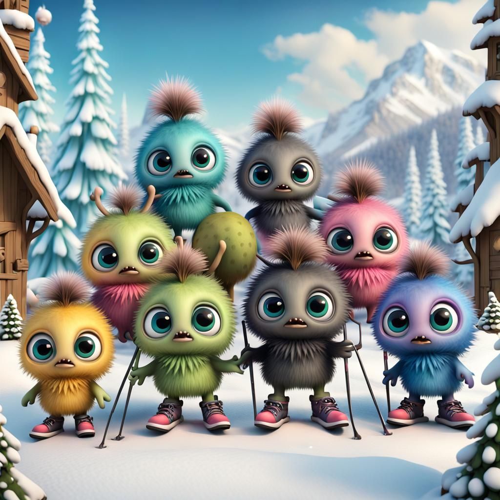 whimsical chibi-style kiwi monsters skiing