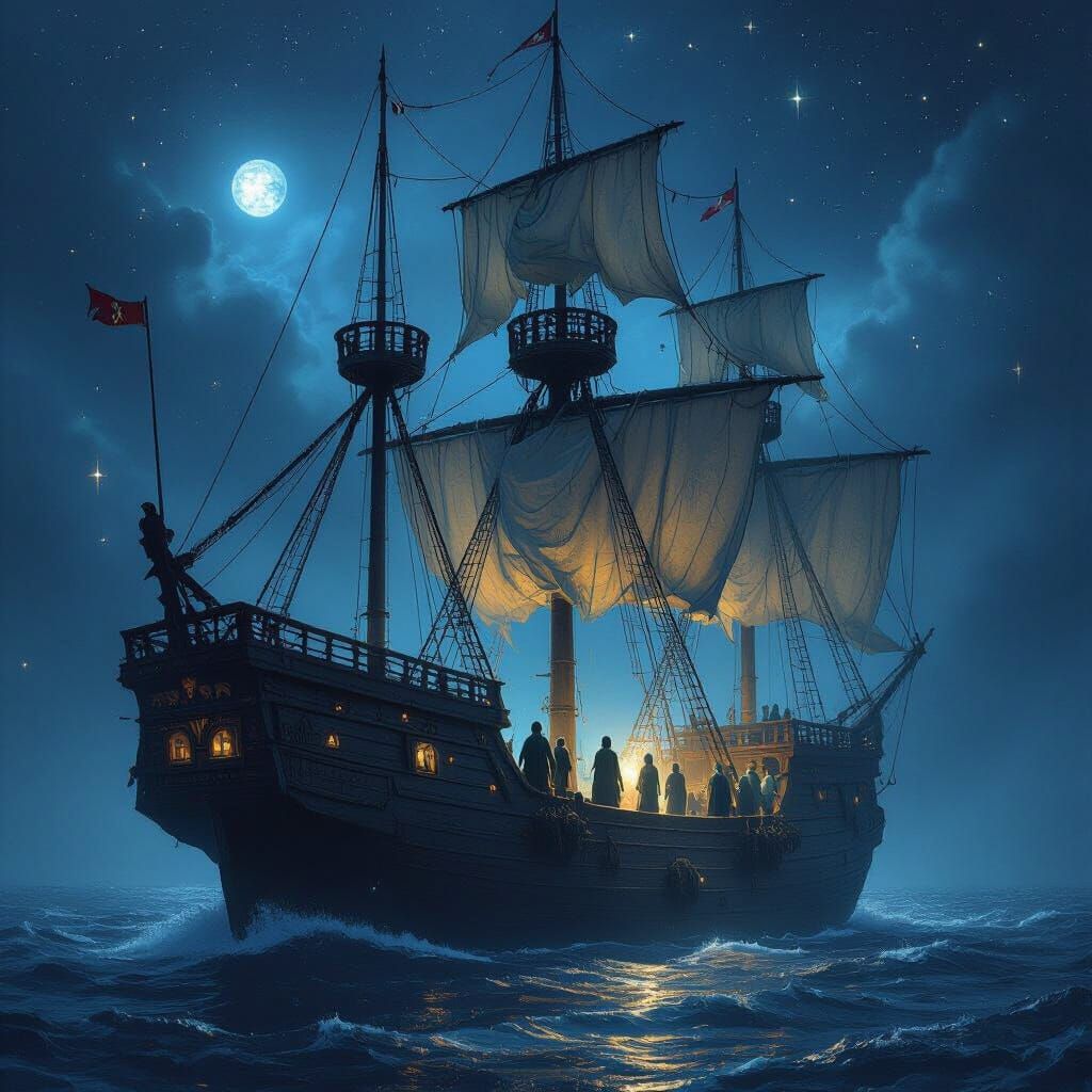 Spectral Galleon Sails Through Starlit Ocean in Dark Fantasy