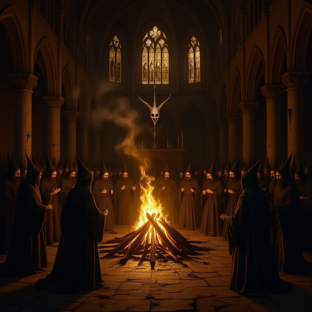 Medieval Cathedral Witch Burning in Dark Surreal Style