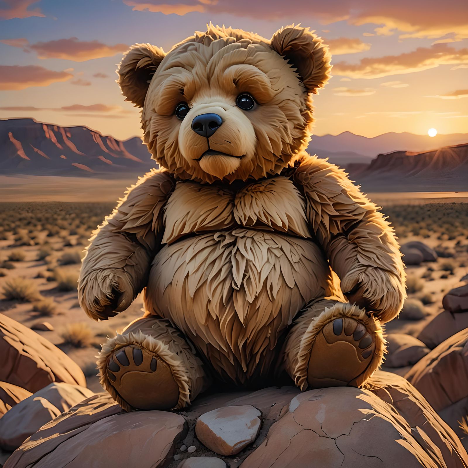 Grumpy Teddy Bear at Desert Sunset: Macro Photography