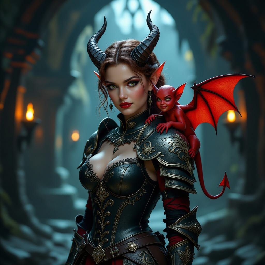 Beautiful Imp with Tiny Devil Companion in Cavern