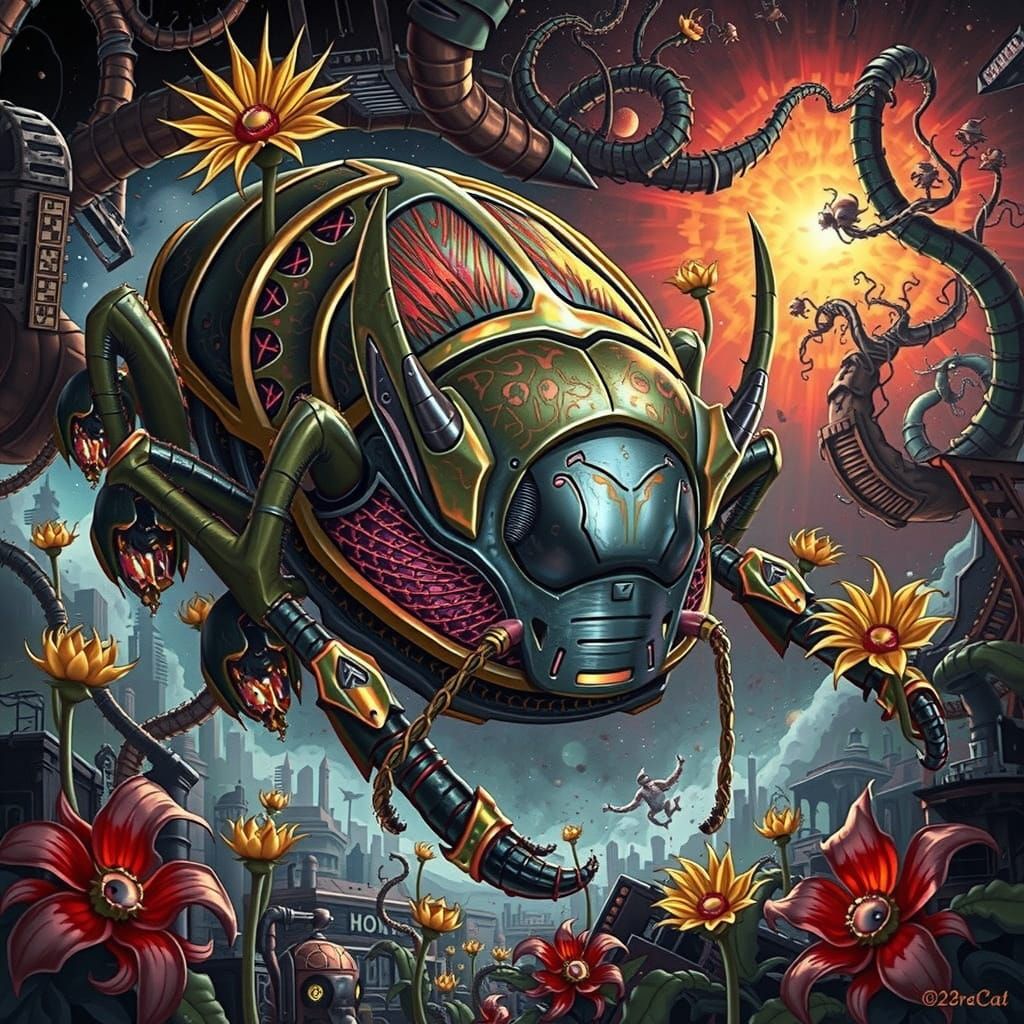 Iridescent Firebug in Neon Noir Dystopian Cityscape