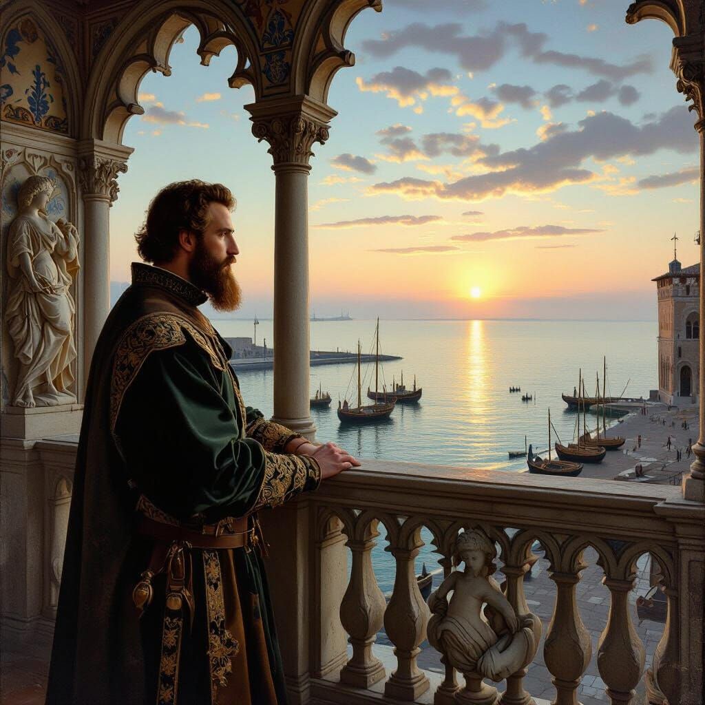 Flemish Renaissance Portrait of Man on Aquatic Balcony