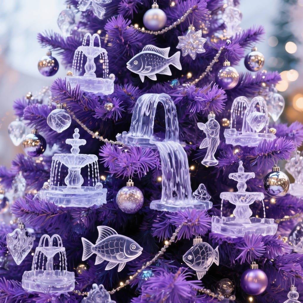 Purple Spruce Tree Adorned with Ice Sculpture Ornaments