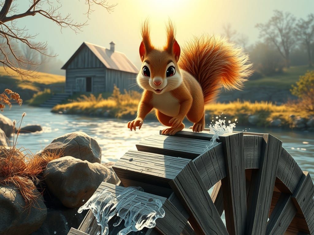 Vibrant Squirrel on Ancient Water Wheel in Golden Light