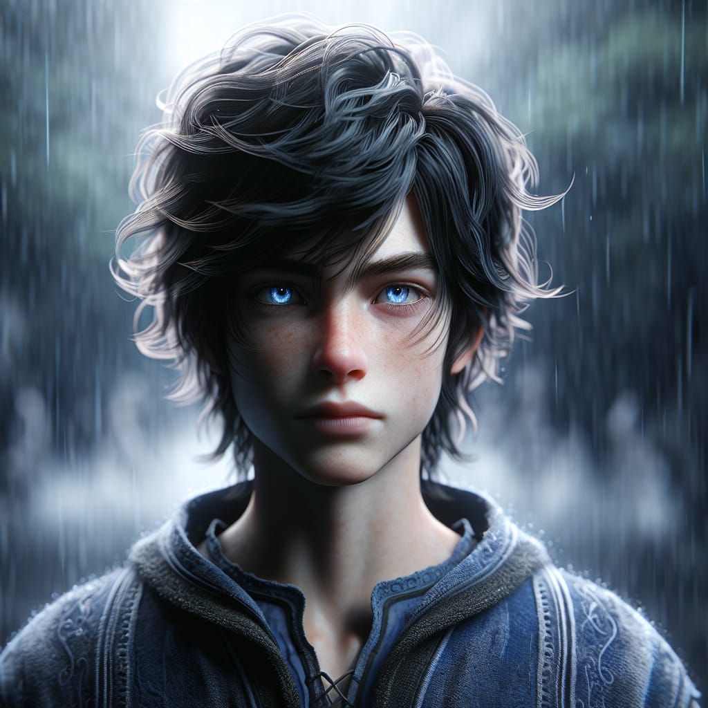 Ethereal Teen with Glowing Eyes in Rain: Fantasy Portrait