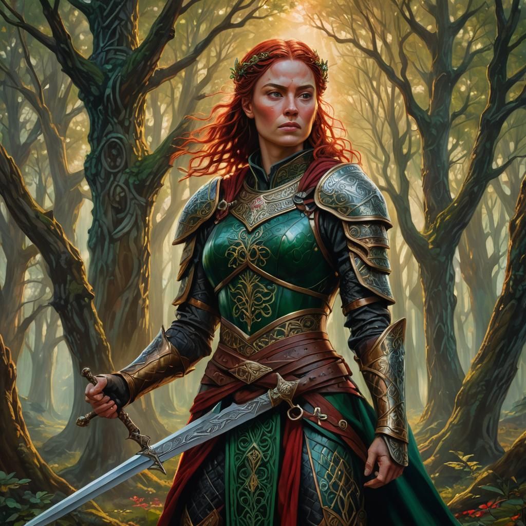 Warrior Queen Maeve in Celtic Forest, Oil Painting
