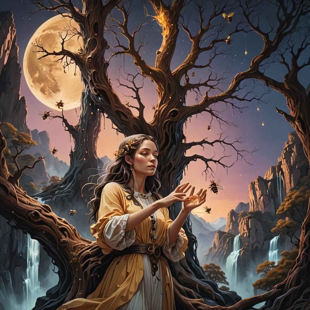 Surreal Dreamscape: Woman in Hollow Tree