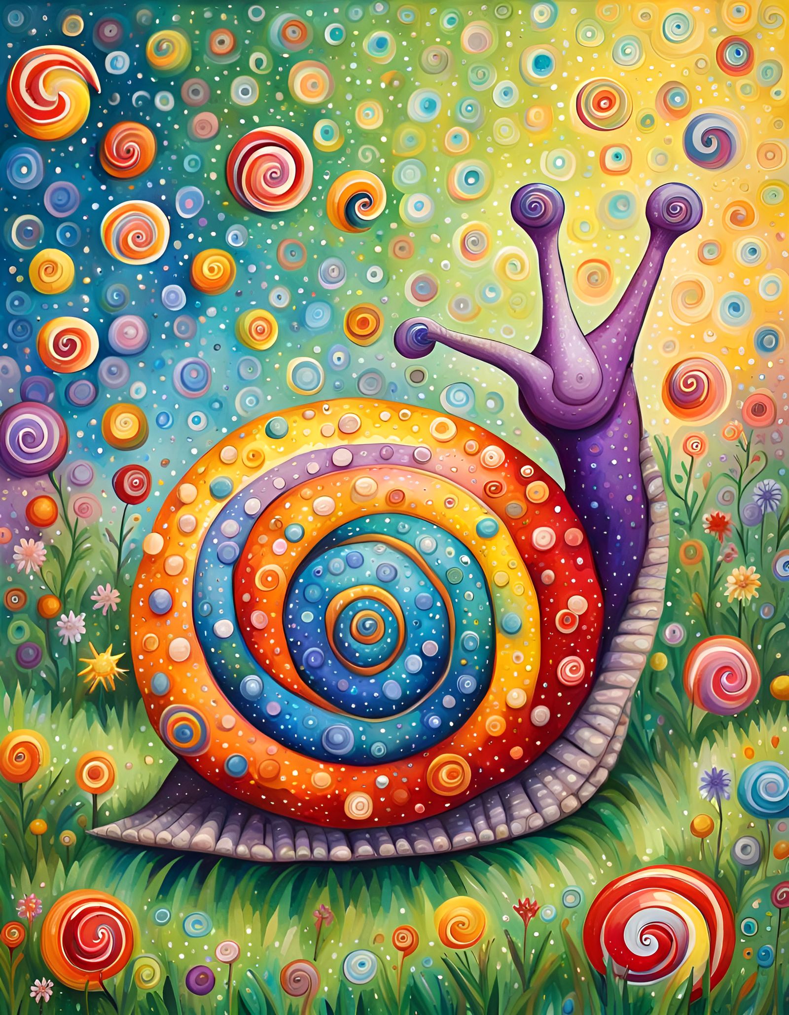 a super detailed, joyful, colourful painting in dot-painting...