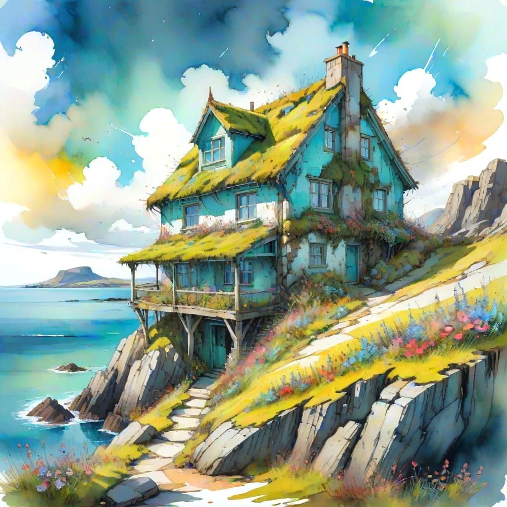 Coastal Croft House in Ghibli Watercolor Style