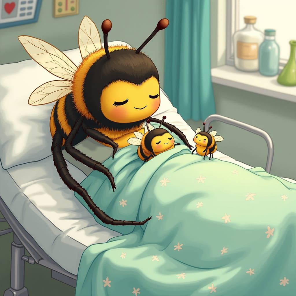 Anthropomorphic Bumble Bee Giving Birth in Hospital