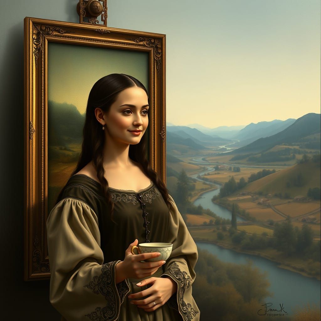 Mona Lisa Elf Contemplates Her Iconic Portrait in a Dreamy L...