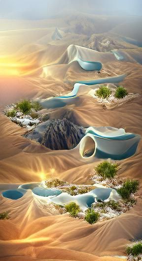 Barren Desert Oasis with Mountain Backdrop