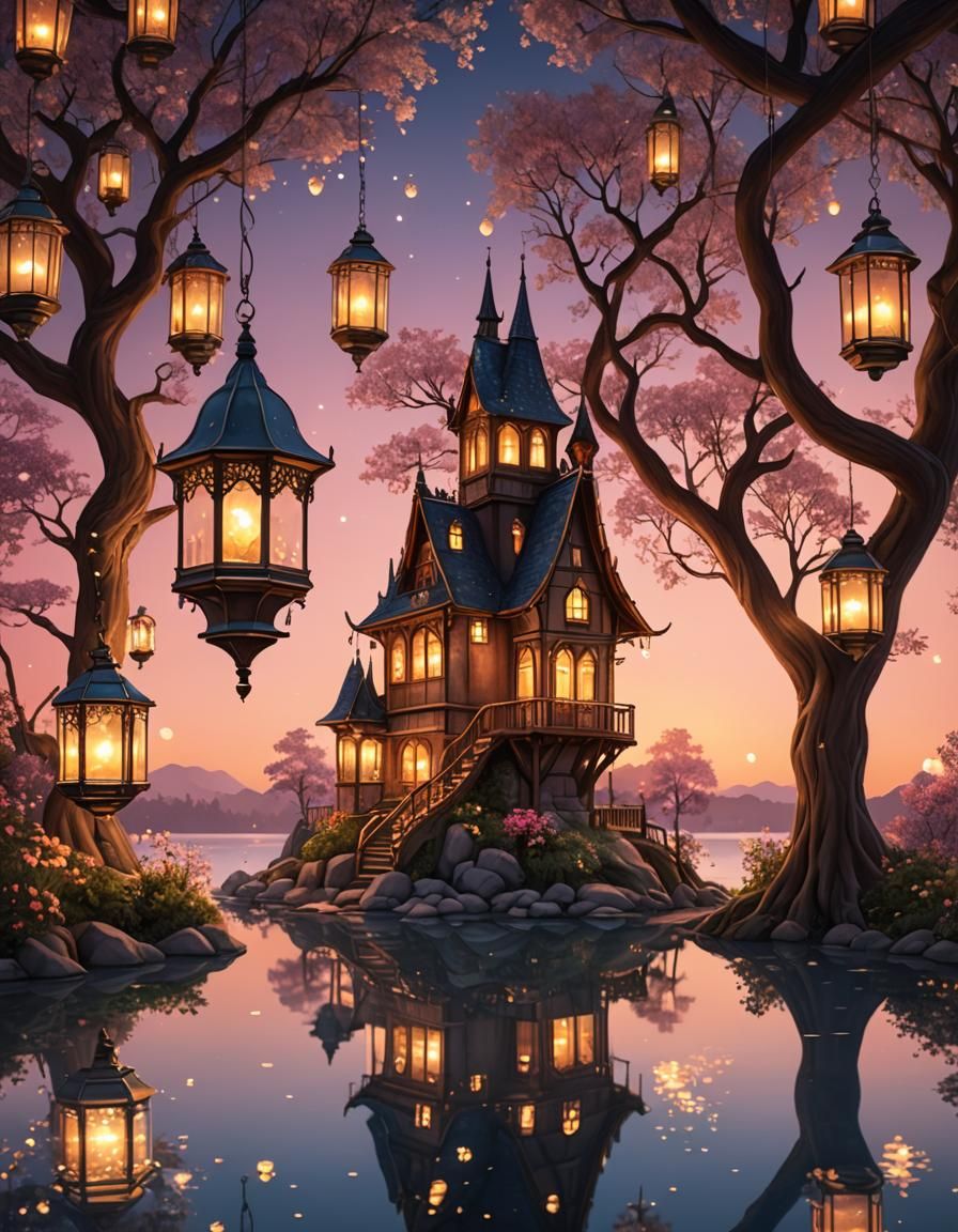 Lakeside treehouse lanterns