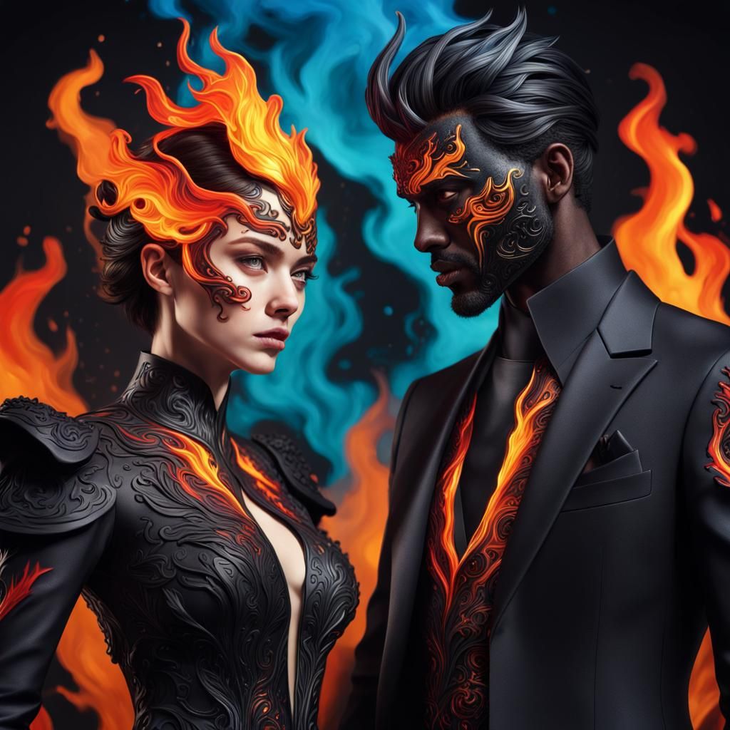 Elegant Black Fire Costumes: Hyperrealistic Splash Art