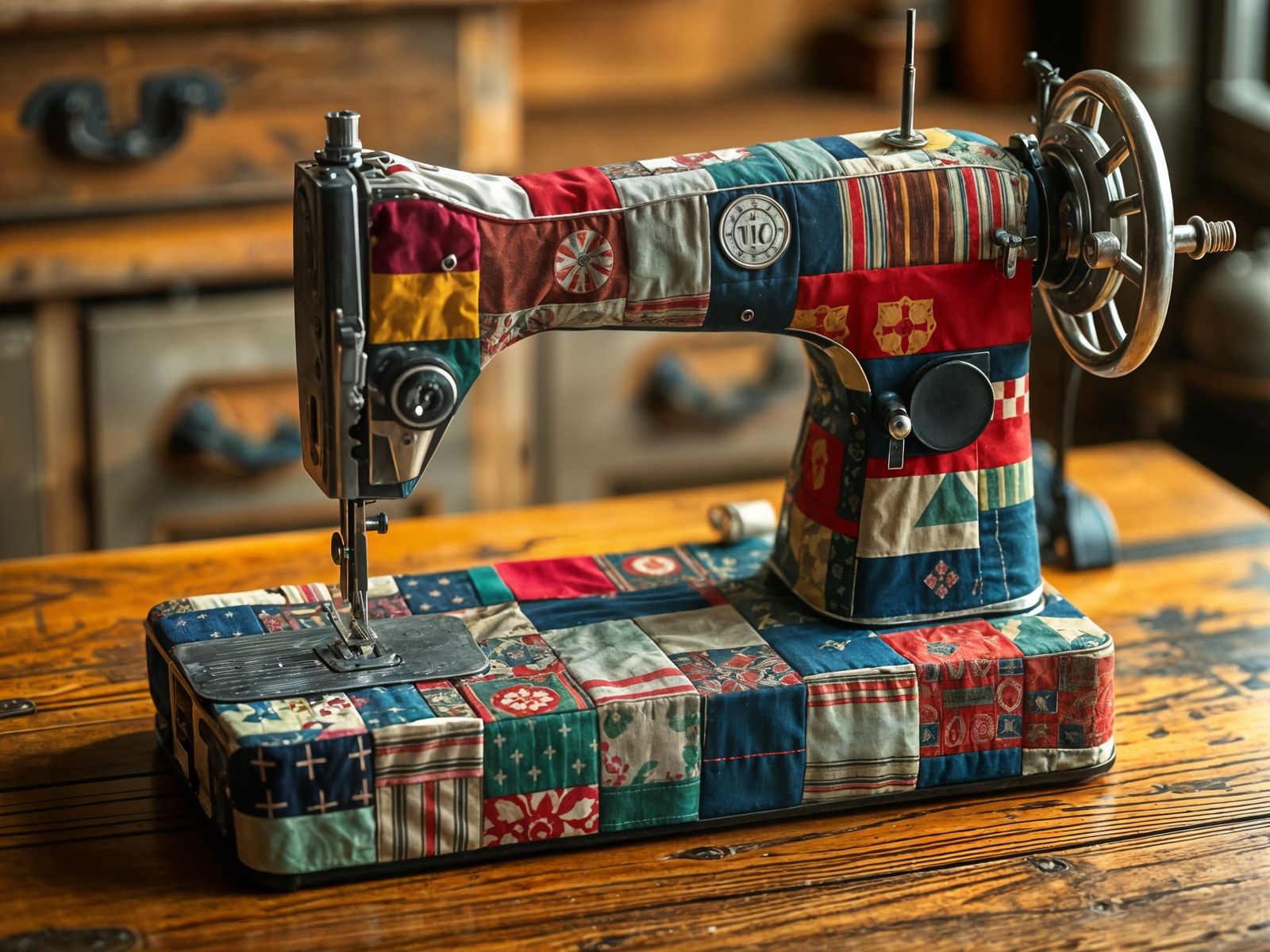 Surreal Patchwork Sewing Machine in Vibrant Colors