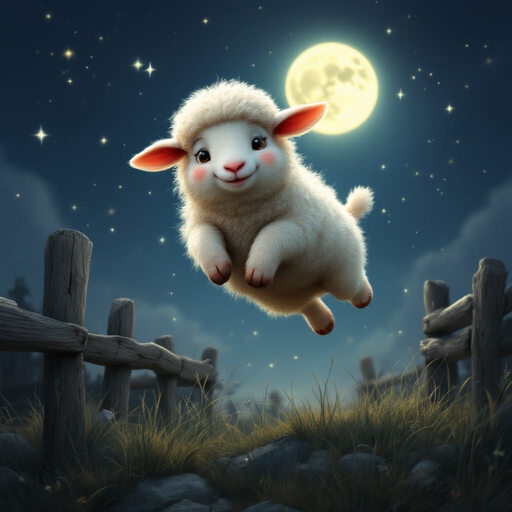Whimsical Sheep Leaps Under a Starry Night Sky