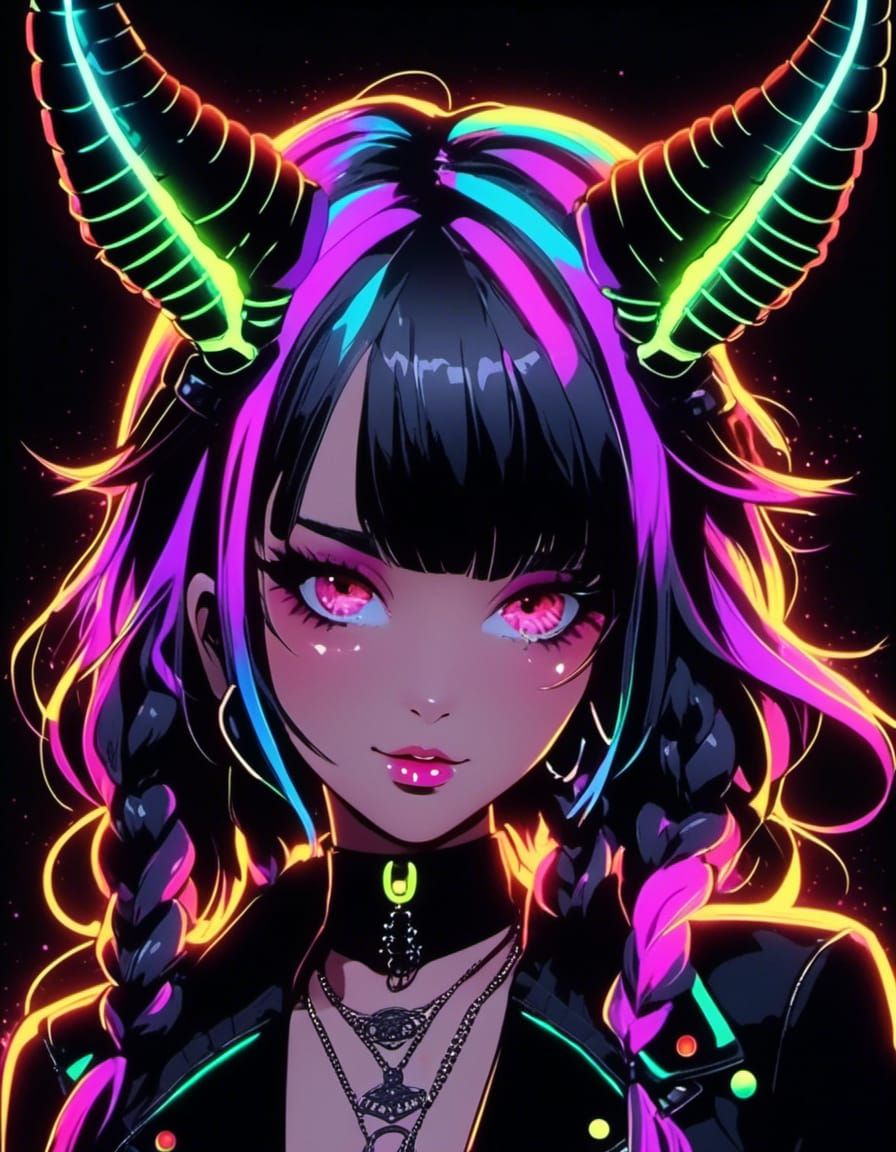 Neon Punk Anime Girl with Glowing Horns