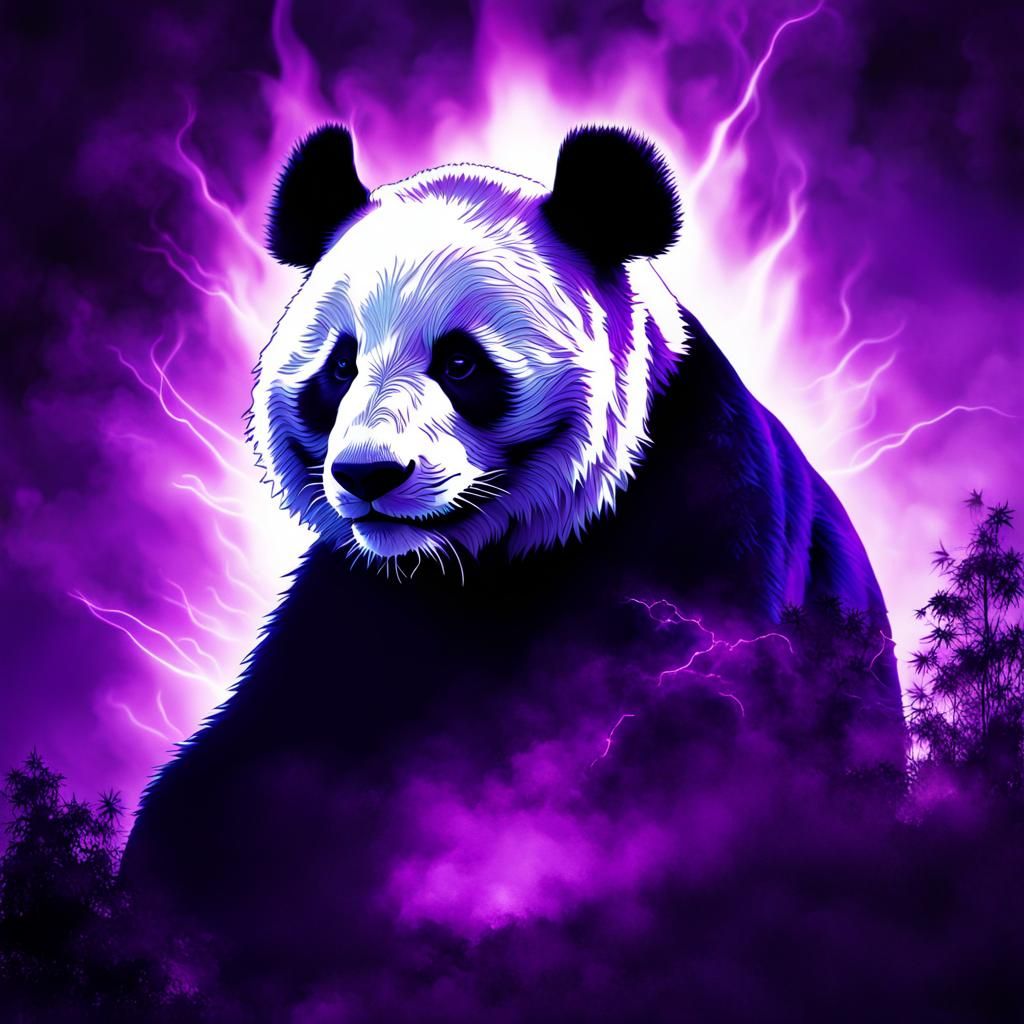 Purple Panda Silhouette in Fiery Double Exposure