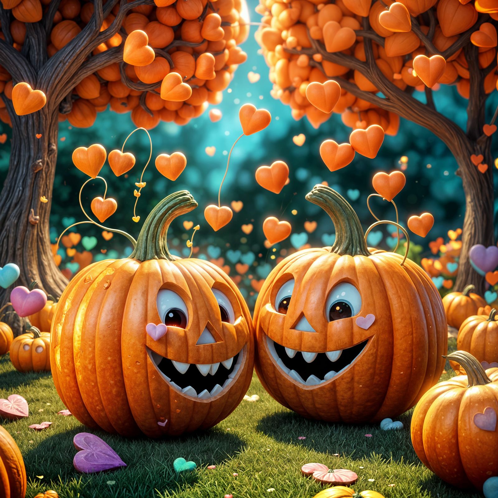 Cartoon Pumpkins Kissing: 3D Digital Art