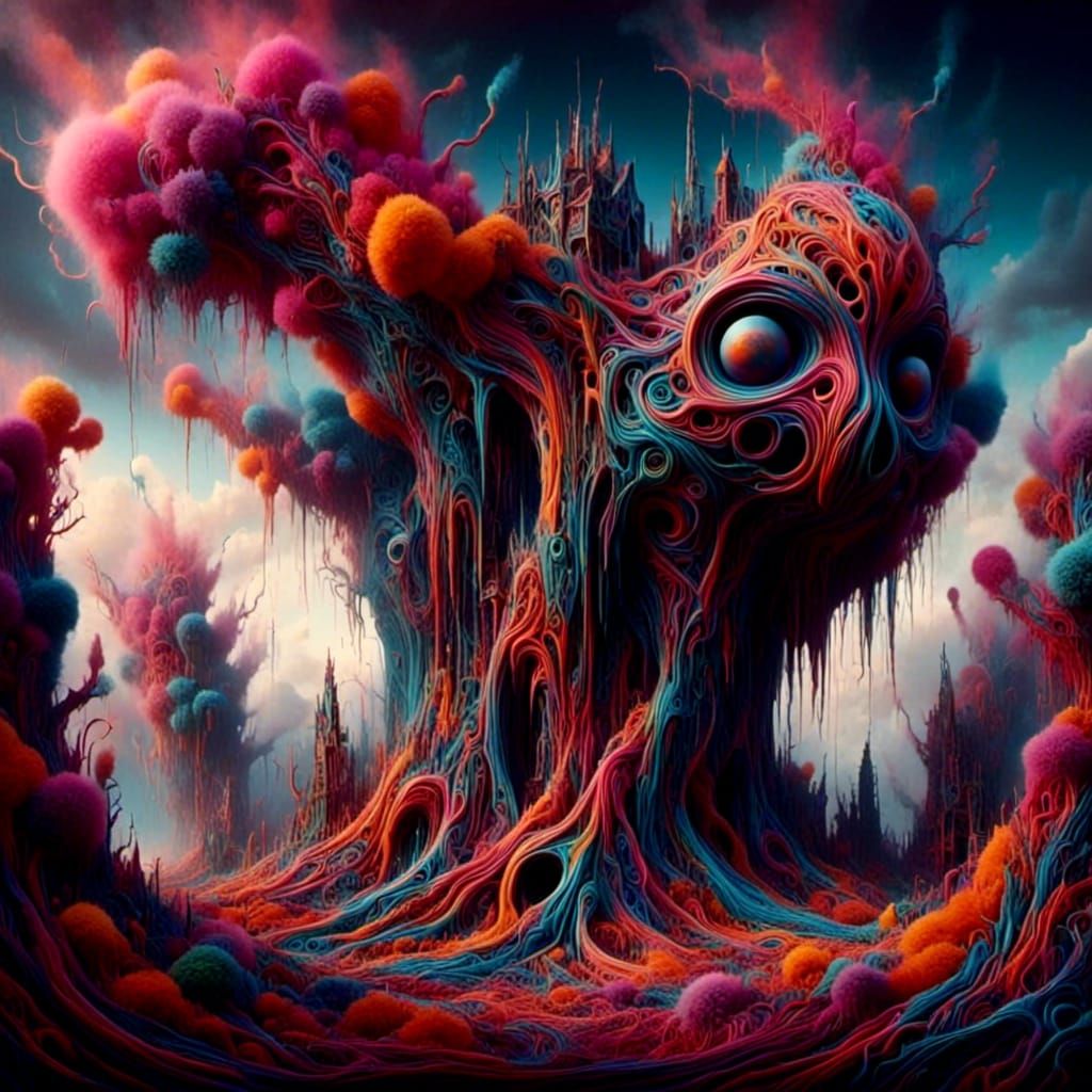 Surreal Landscape with Elastic Flora and Liquid Moai