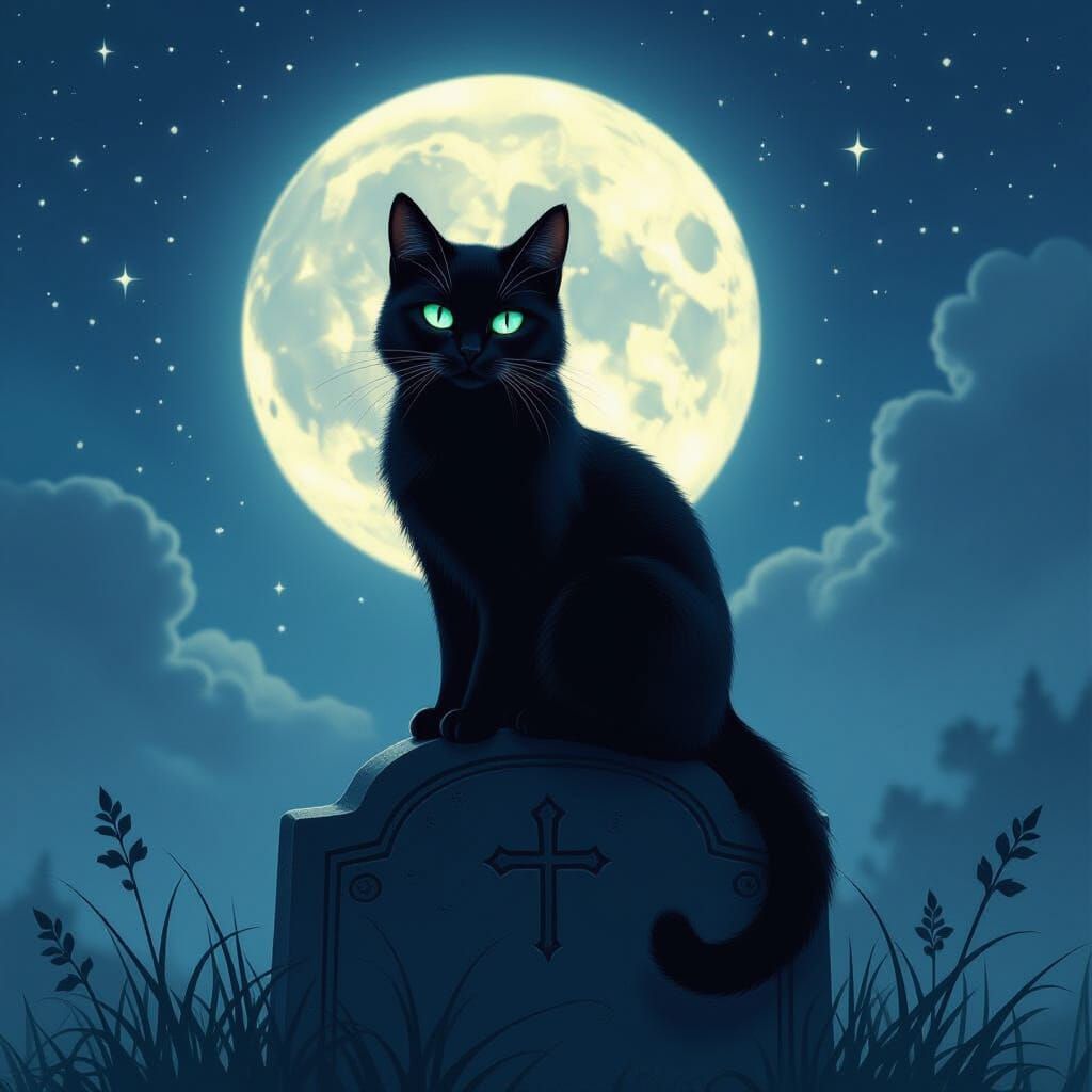 Black Cat on Gravestone Under Starry Sky