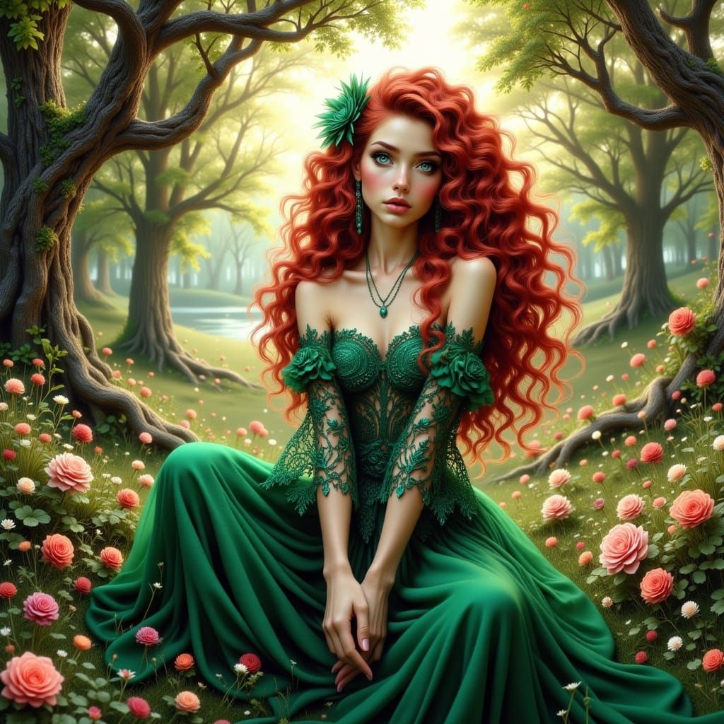 Red-Haired Woman in Emerald Dress, Fantasy Portrait