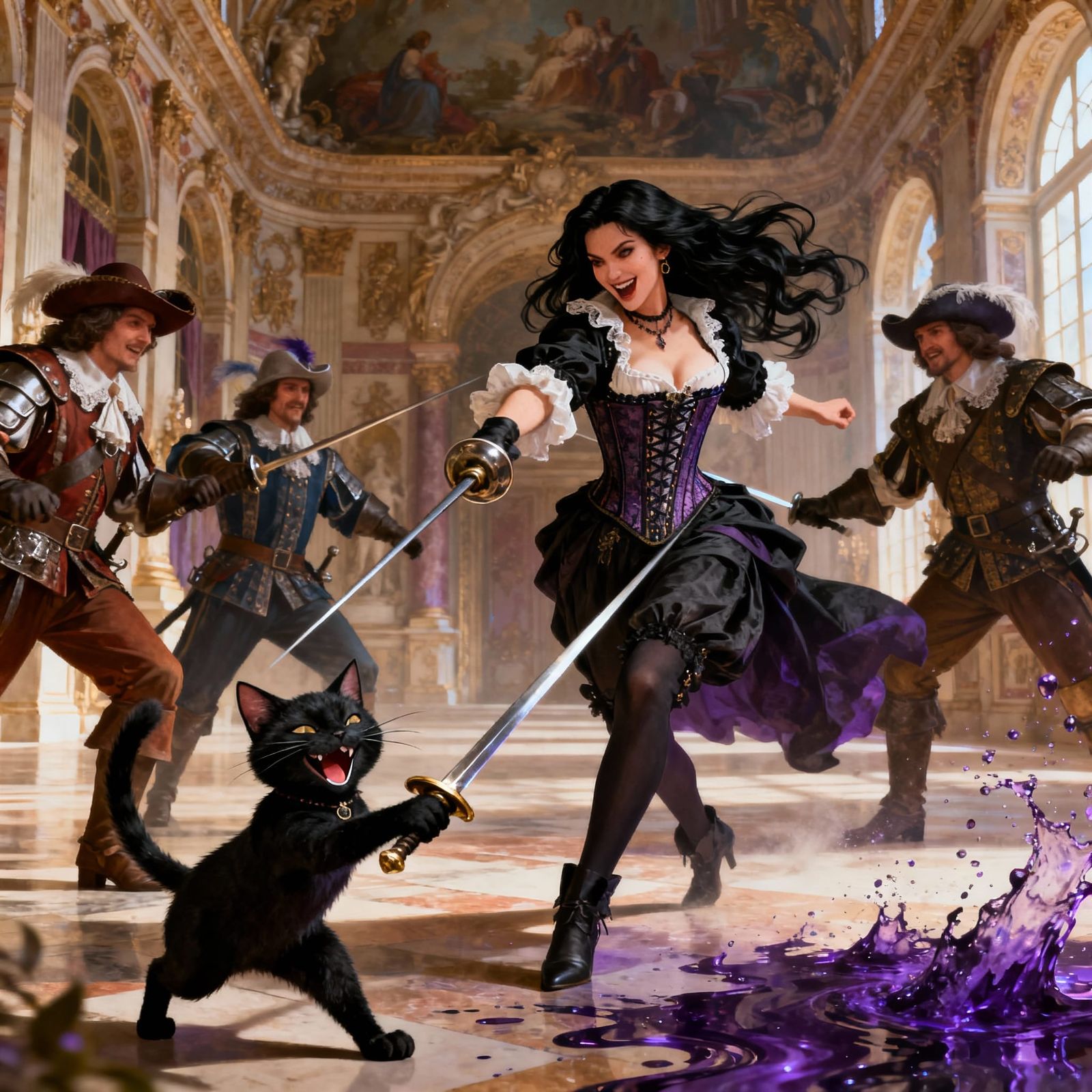 Woman in 17th Century Corset Fights Musketeers in Versailles