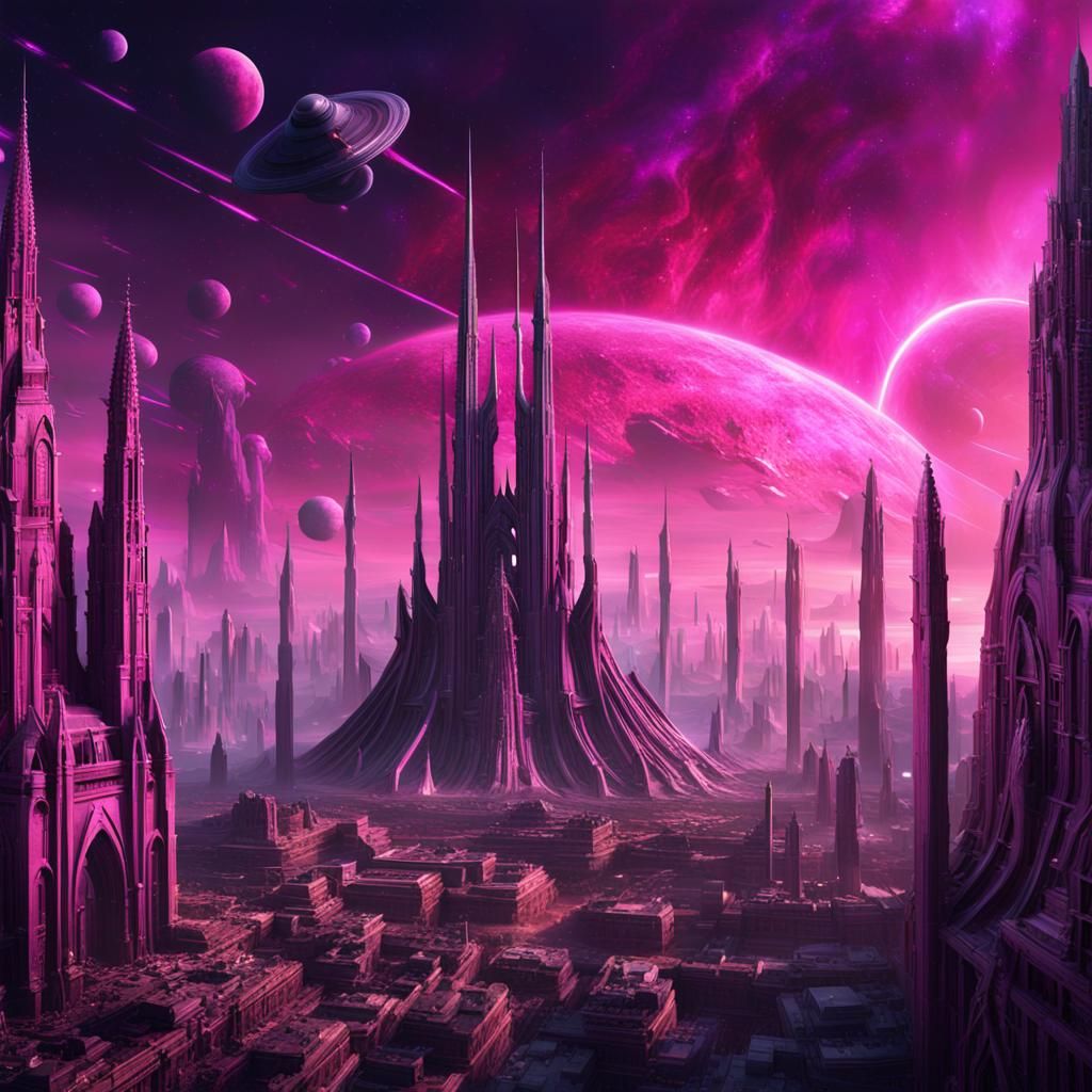 Spectacular Alien Cityscape with Nebula, Digital Matte Paint...