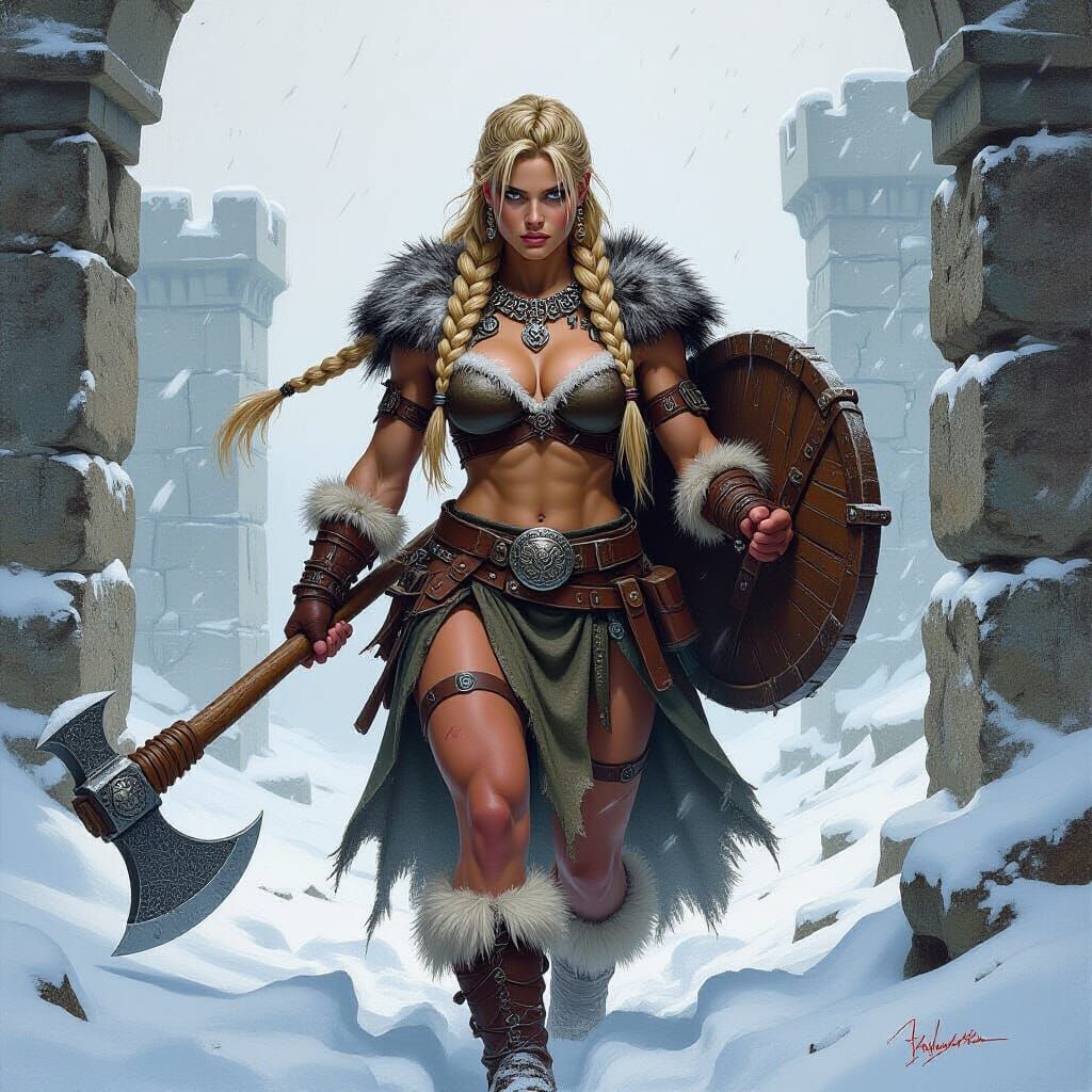 Barbarian Woman in Blizzard, Oil Painting Style