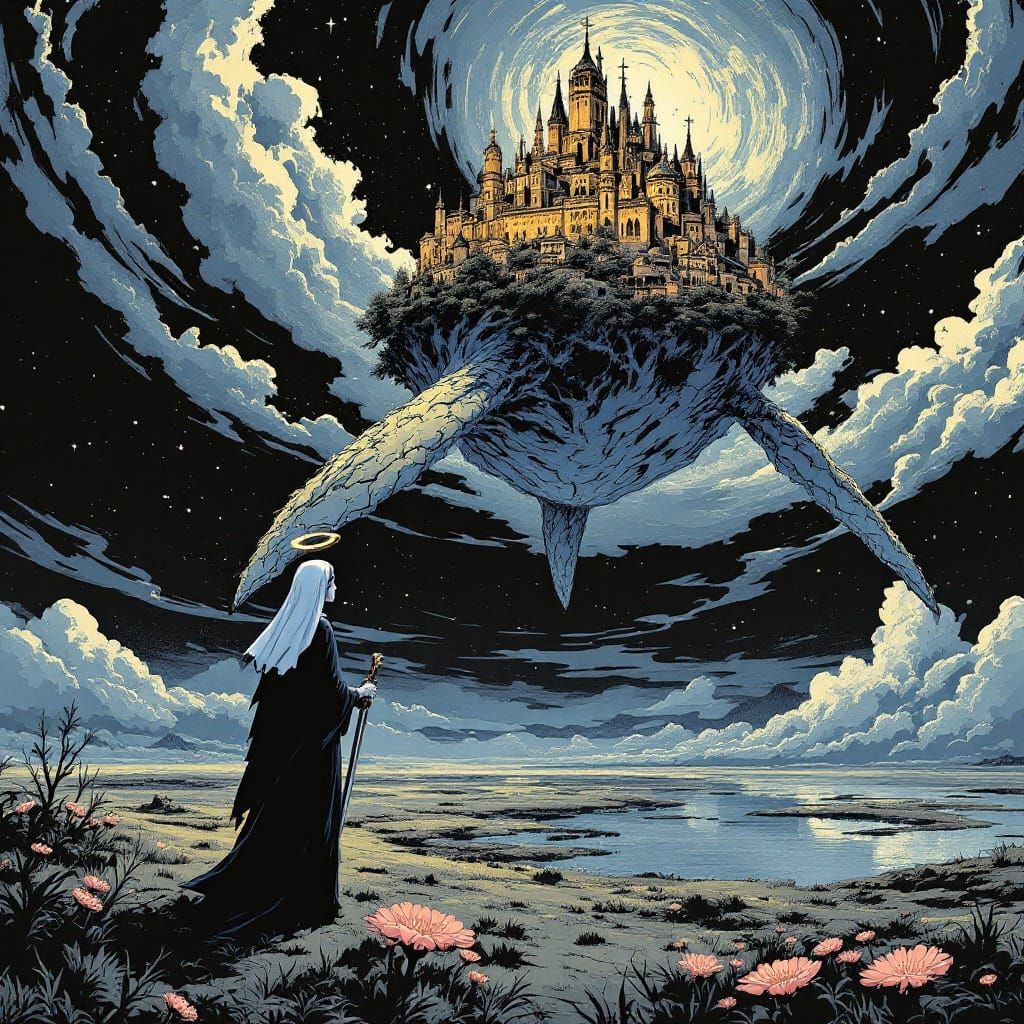 Ethereal Whispers: A Serene Nun Surrounded by Fantastical La...