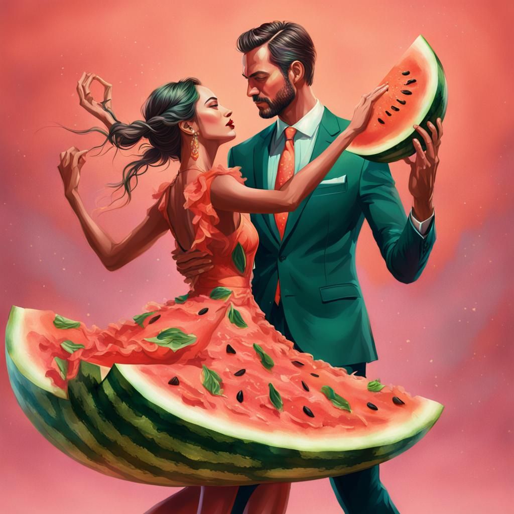 Woman in Watermelon Dress Dances with Carrot Man