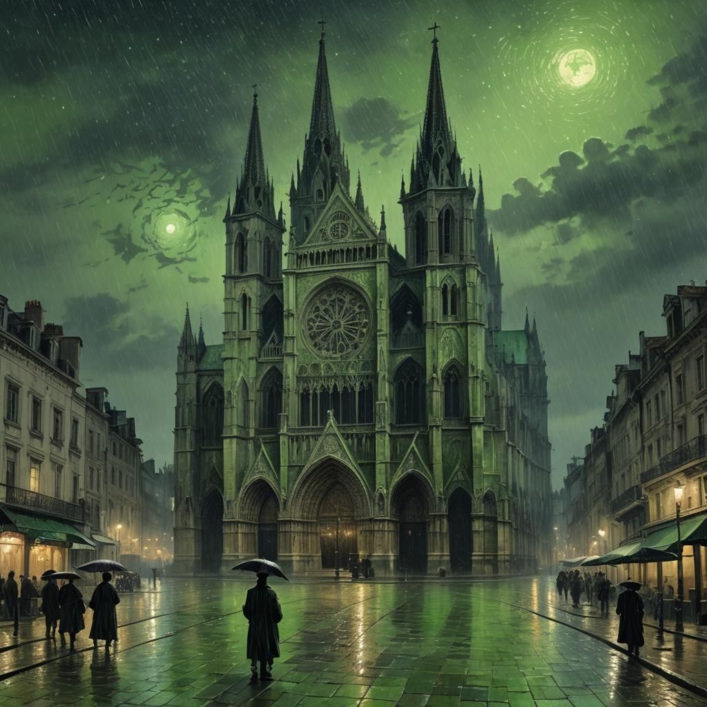 Leon Cathedral in Rain under Starry Night