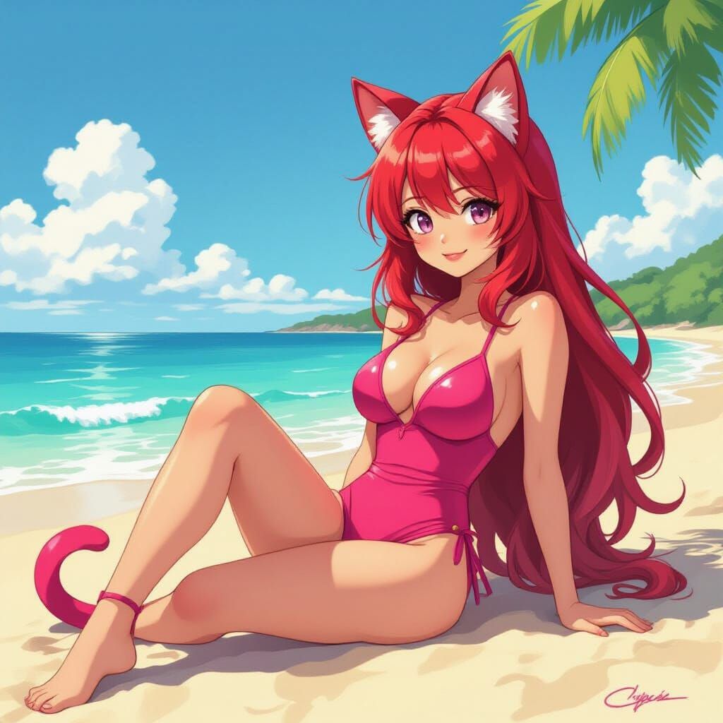Cat-Girl Lounging on Sunny Beach in Hot Pink Swimsuit