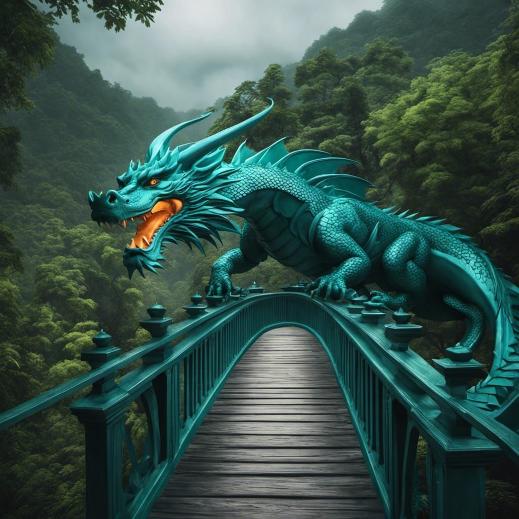 Teal Fire Dragon on Medieval Bridge, Photorealistic