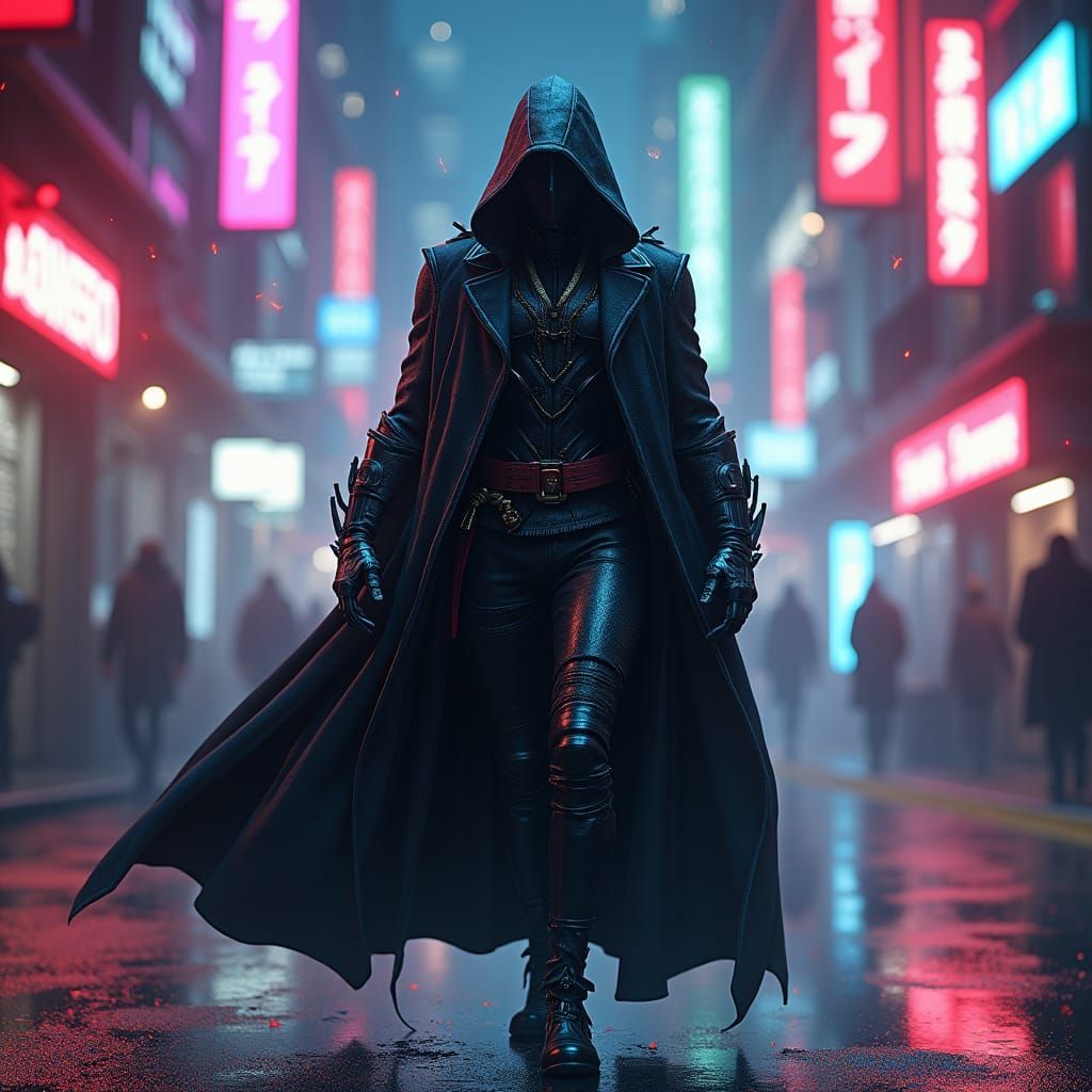 Cyberpunk Assassin in Neon City Nightscape